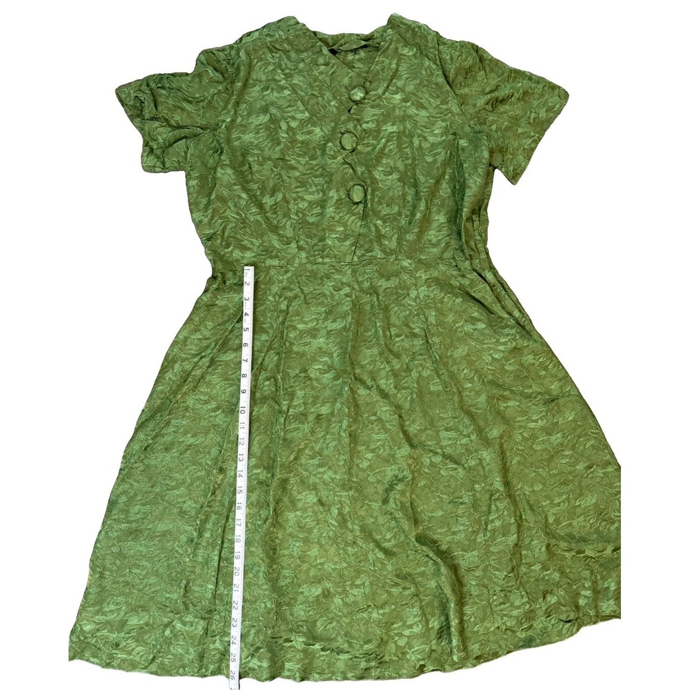 Vintage Green Jacquard Fit & Flare Dress Leaf Print Covered Buttons XL - Picture 7 of 7